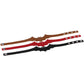 Three bat leather choker collars laid flat in brown, red, and black with metal studs