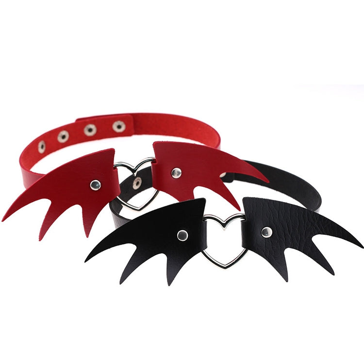 Red demon wing leather choker necklace with heart-shaped metal clasp and rivets, pair