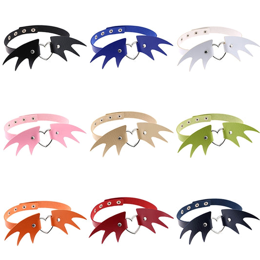 Assorted color demon wing leather choker necklaces with heart clasp and wing cutouts