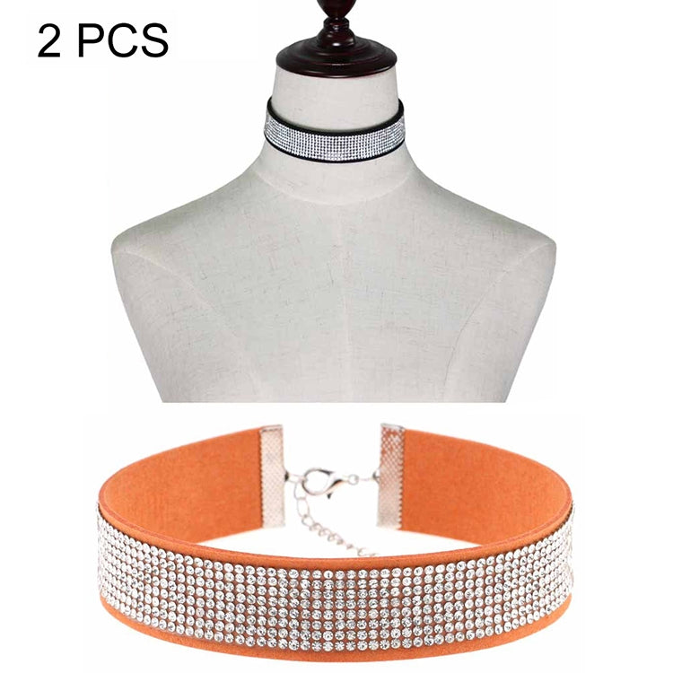 Rhinestone collar choker necklace, orange band with silver sparkle and chain clasp