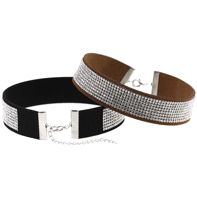 Set of rhinestone collar choker necklaces, black band with silver sparkle and chain clasp