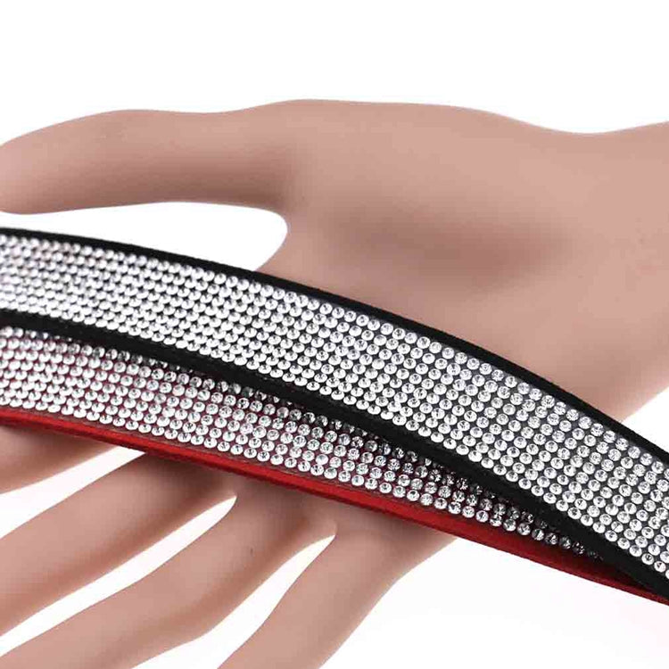 Close-up rhinestone collar choker with black band, red border, and silver sparkle