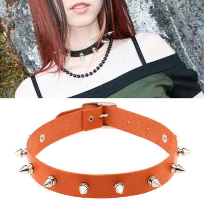 Punk chain and leather choker necklace with metal studs around the neck