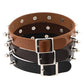 Studded leather choker necklace with cone spikes and double buckles in dark brown