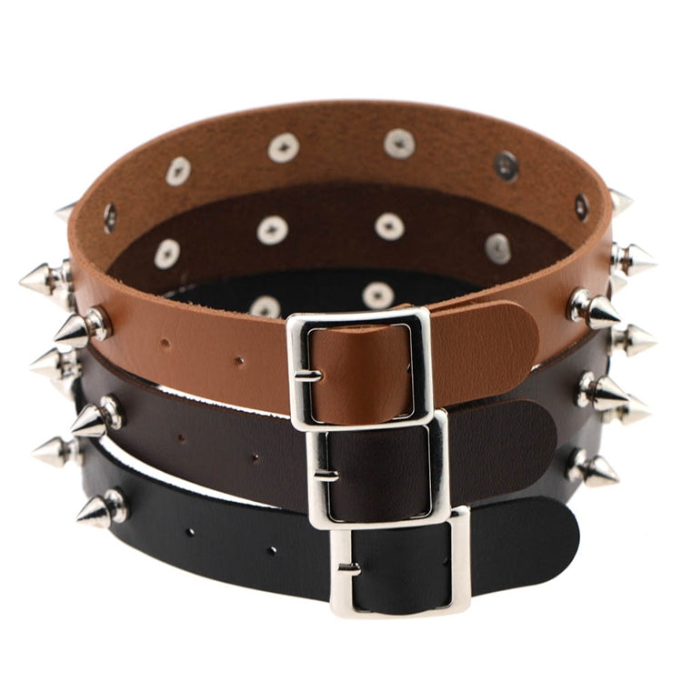 Studded leather choker necklace with cone spikes and double buckles in dark brown
