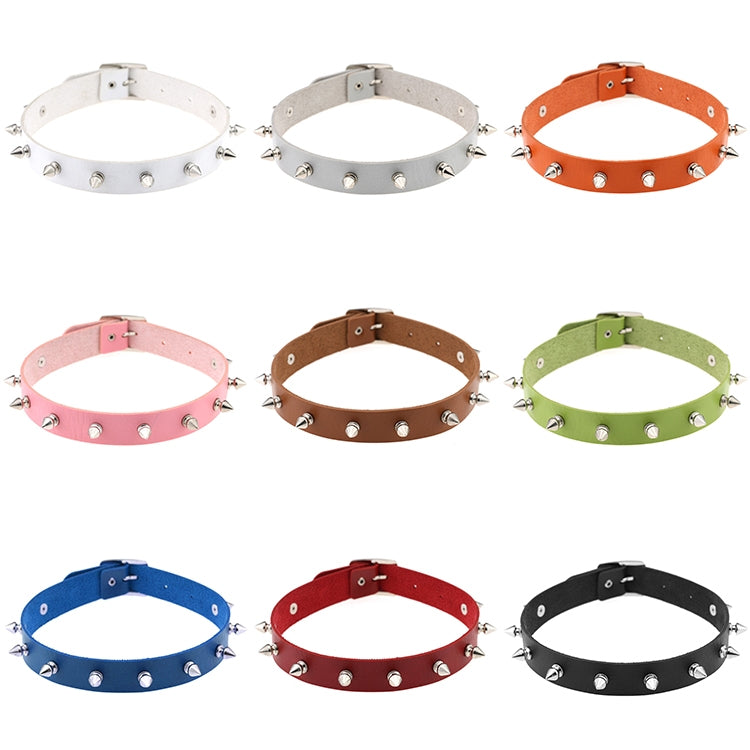 Assorted studded leather choker necklaces set with metal cone studs, multiple colors