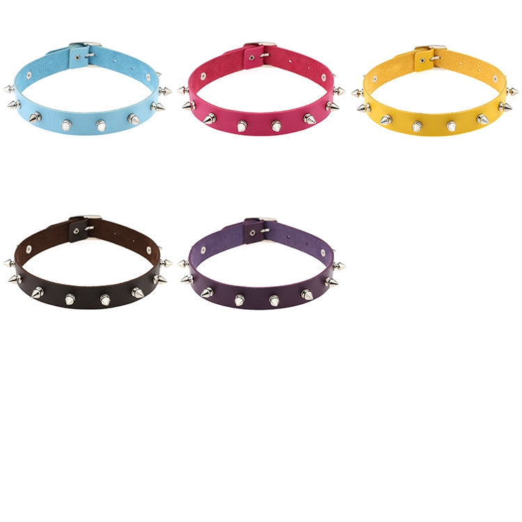 Assorted studded leather choker necklaces set with cone studs, multiple bright colors