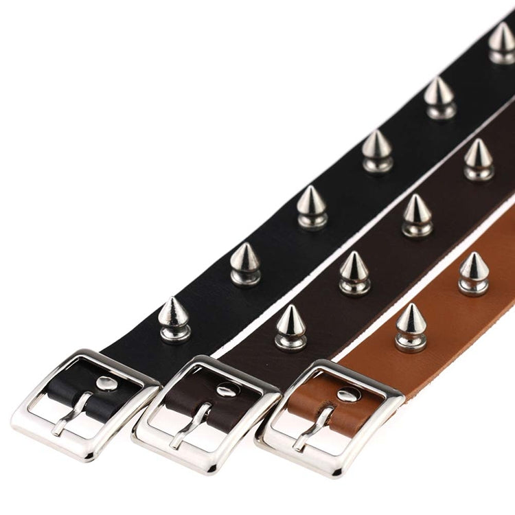 Studded leather choker strip with cone studs and metal buckle closures in black and brown