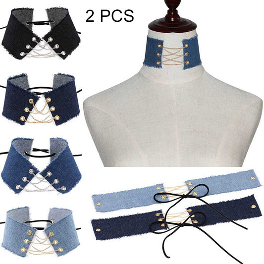 2-piece gothic cowboy necklace choker set, dark and blue denim cuffs with chain lacing, gold accents