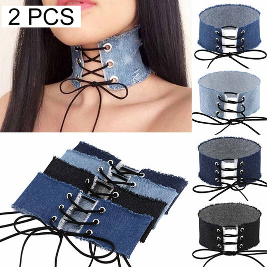 Denim lace-up cowboy collar choker with black eyelets and tied bows