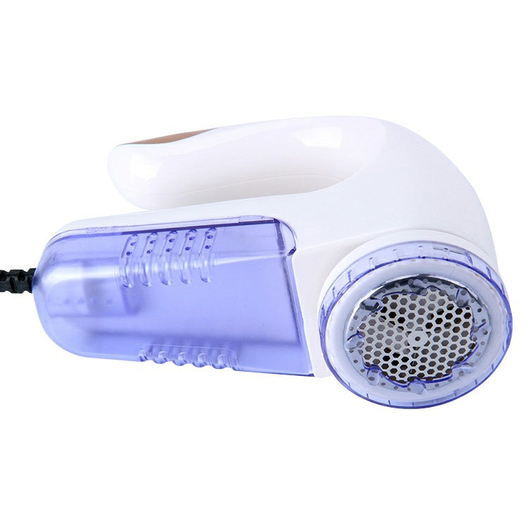 Electric fur ball trimmer with rounded clear-blue chamber and circular metal mesh shaving head