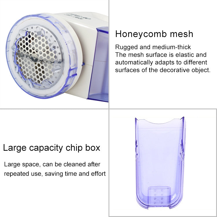 Electric fur ball trimmer features shown on packaging, including mesh head and refill chip box