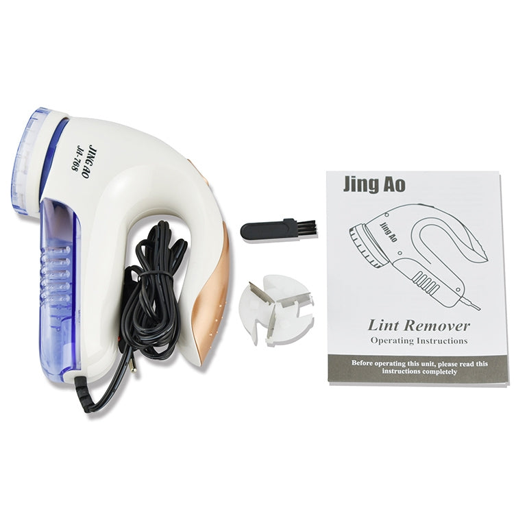 Electric lint remover kit with white trimmer, cord, spare parts, and instruction sheet