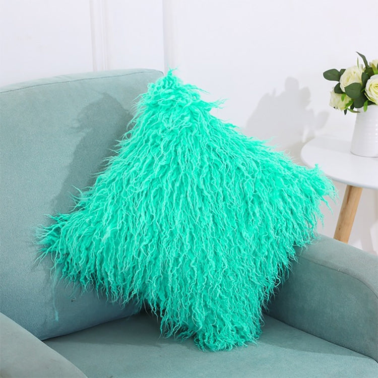 Green long-pile square furry pillow cover, soft plush texture