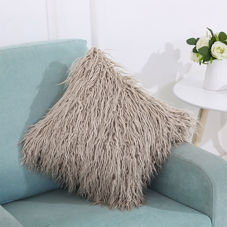 Beige shaggy square pillow cover with long plush fringe, 45 x 45 cm