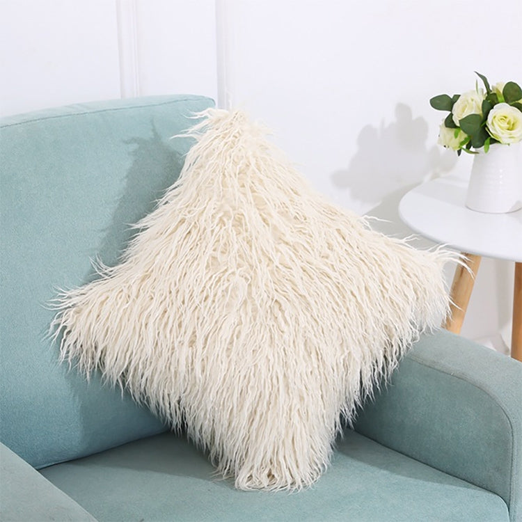 Cream shaggy square pillow cover with long plush fringe, 45 x 45 cm