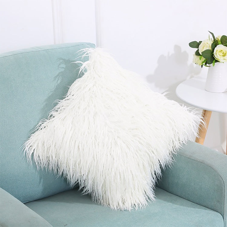 White shaggy square pillow cover with long plush fringe, 45 x 45 cm