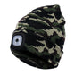 Camouflage knit beanie with side LED light module and black fabric backing