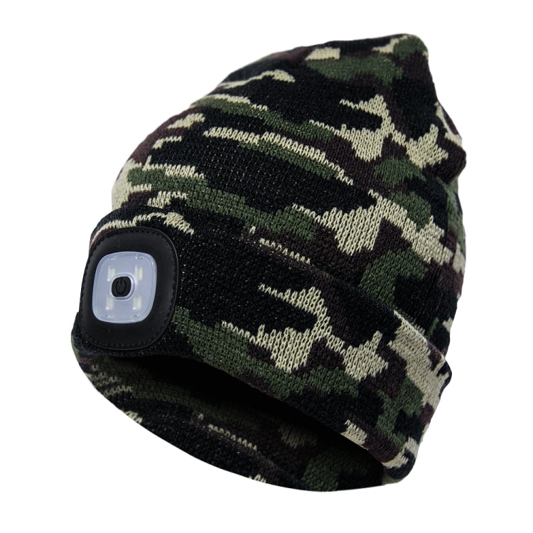 Camouflage knit beanie with side LED light module and black fabric backing