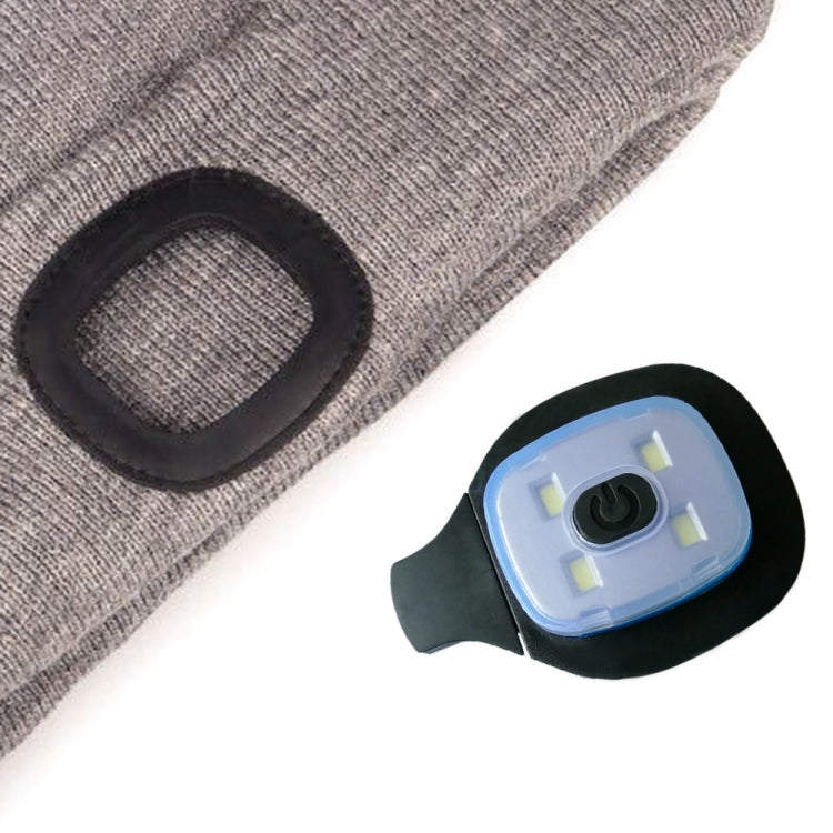 Gray knit beanie with removable LED light holder and black elastic trim