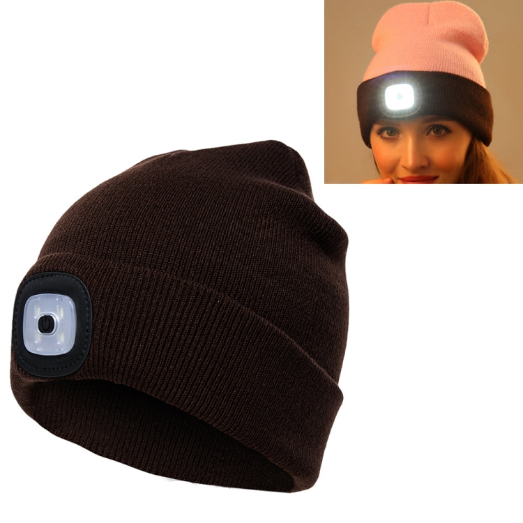 Coffee-brown knit winter beanie with side LED light patch and black edging