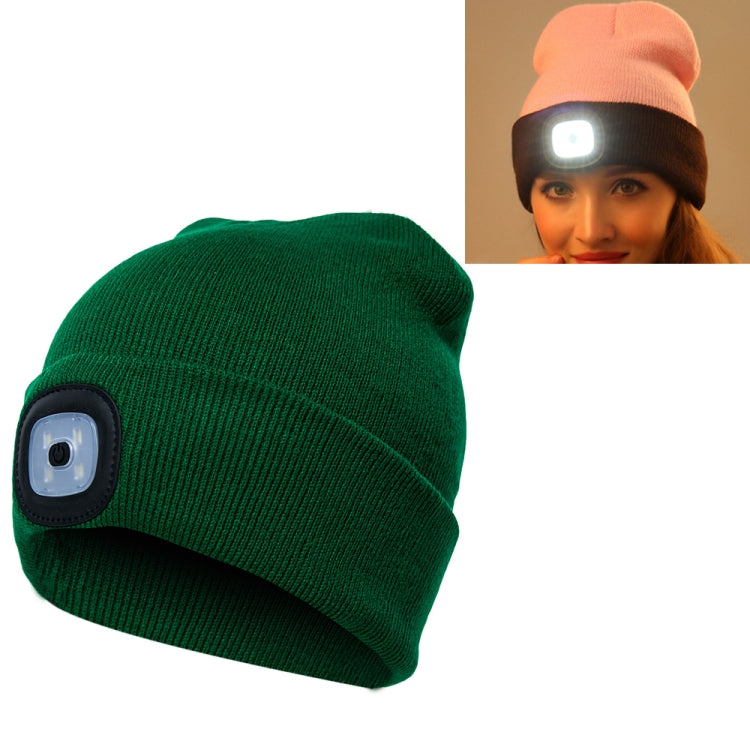 Dark green knit beanie hat with front LED light module