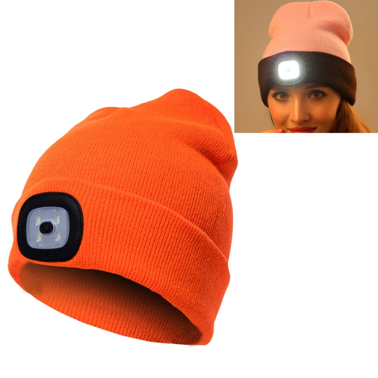 Orange knit beanie hat with front LED light module