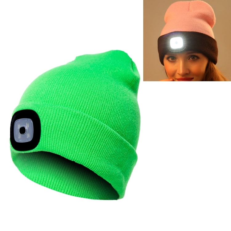 Bright green knit beanie hat with front LED light module