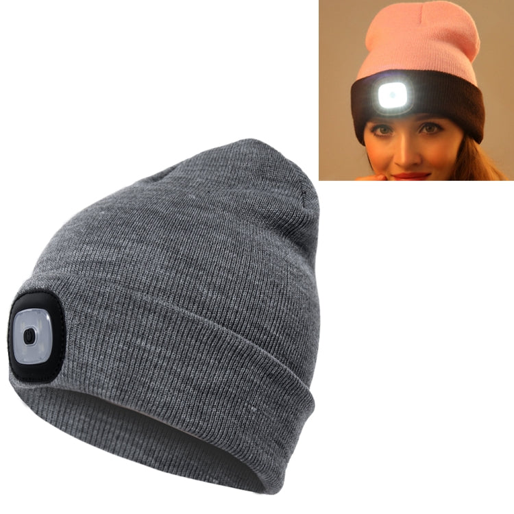Dark gray knit beanie hat with front LED light module