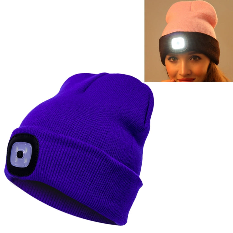 Purple knit winter beanie hat with built-in LED light panel on the front
