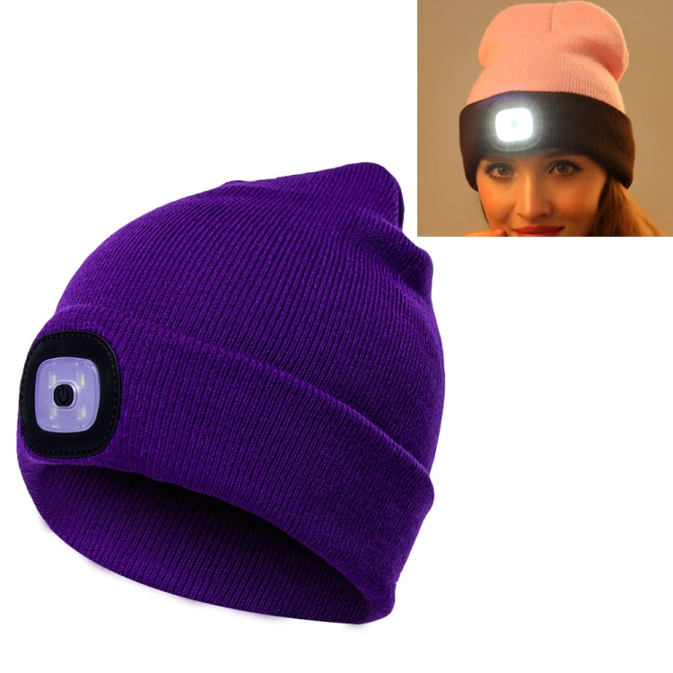 Purple knit winter beanie with side LED light patch and circular control window