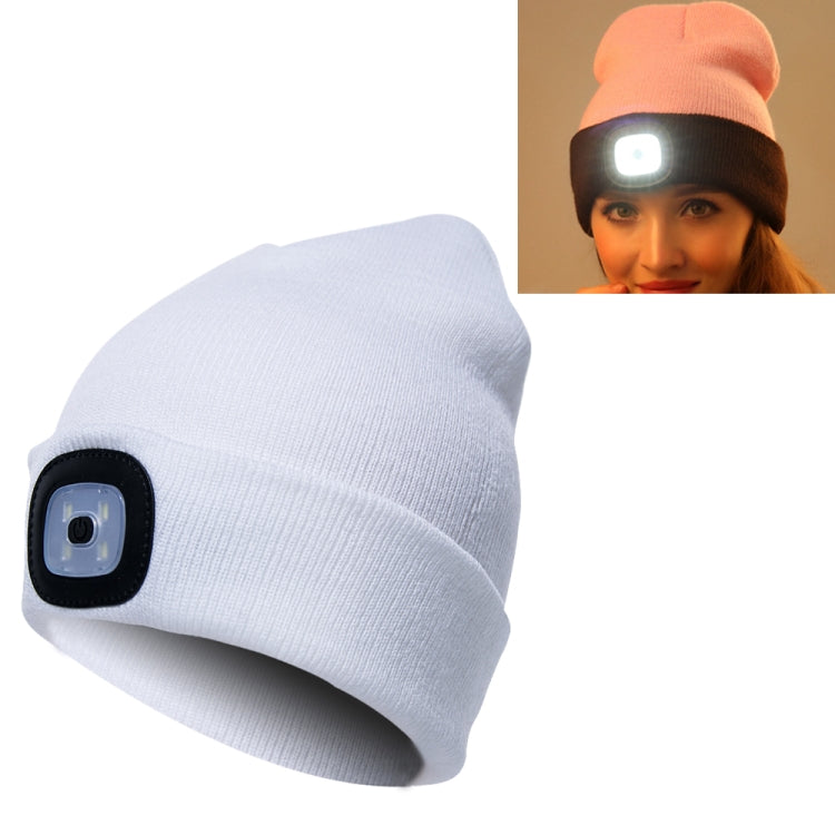 White knit beanie hat with front LED light module