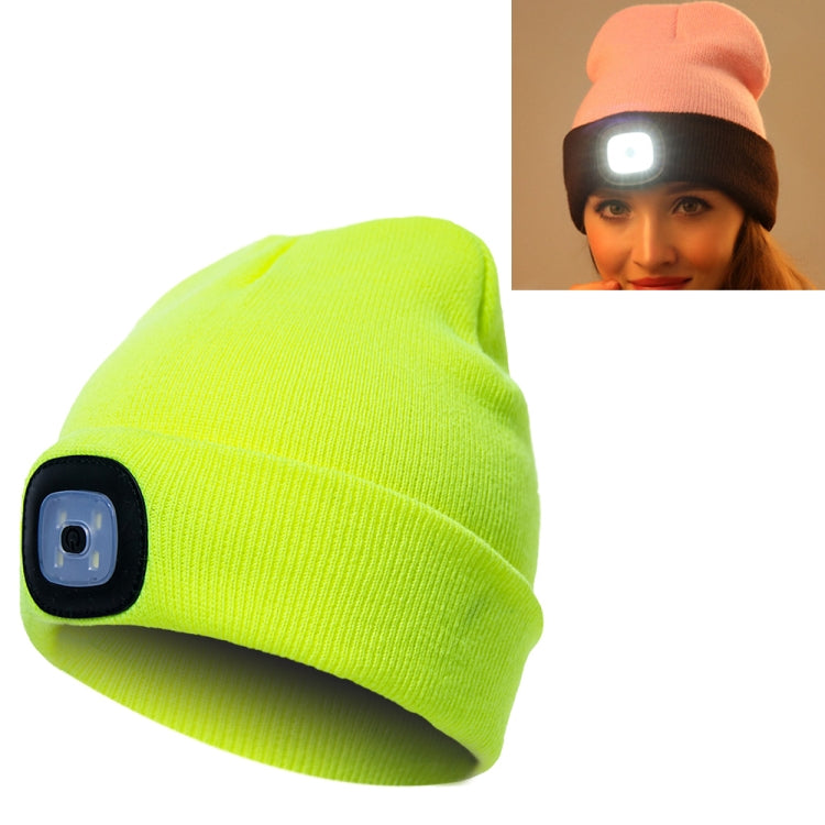 Fluorescent yellow-green knit beanie hat with front LED light module