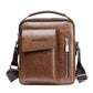 Brown leather-look messenger bag with front flap pocket, front zipper, and adjustable shoulder strap