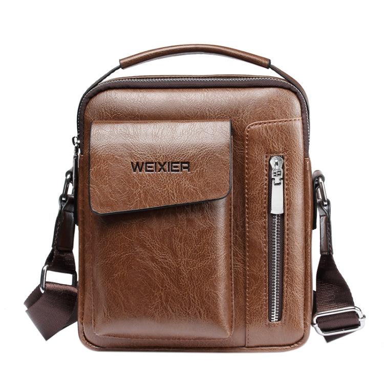 Brown leather-look messenger bag with front flap pocket, front zipper, and adjustable shoulder strap