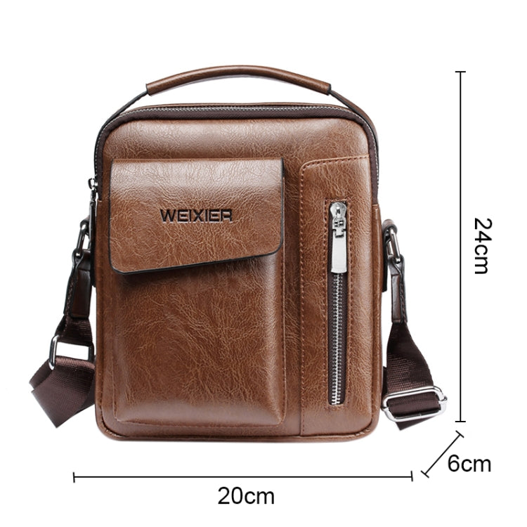 Brown leather-look messenger bag with flap front pocket, front zipper, and top handle; size view