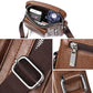 Brown leather-look messenger bag close-up with front zipper, metal pulls, and crossbody strap