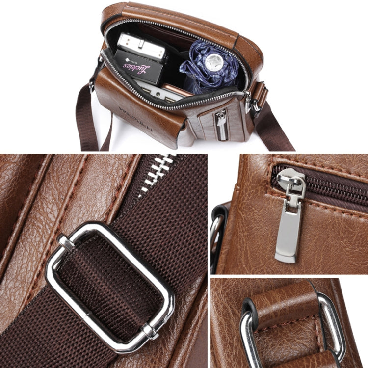 Brown leather-look messenger bag close-up with front zipper, metal pulls, and crossbody strap
