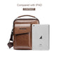 Brown leather-look messenger bag with front flap pocket and dual zip areas; includes shoulder strap