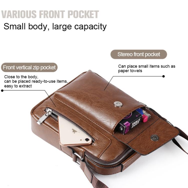 Brown leather-look crossbody bag with front vertical zip pocket and flap cover; compact size