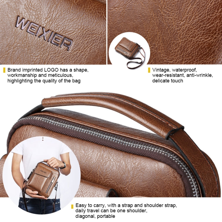 Brown leather-look messenger bag with WEIXIER logo, zipper detail, and carry handle