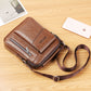 Brown leather-look messenger bag with front flap pocket and zipper closure; adjustable strap