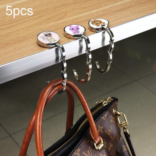 5-pack folding bag hangers with chrome round bases, hook clips, and colorful disc tops