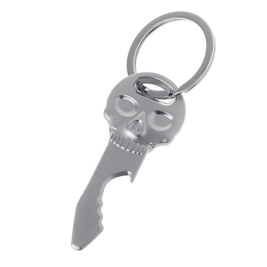 Silver-tone skull-shaped bottle opener key chain with key ring and tooth