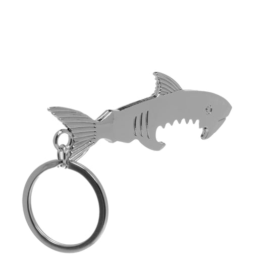 Metal shark-shaped keychain bottle opener with key ring and fin details