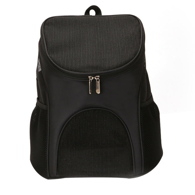 Black portable folding pet carrier backpack with rounded top, front mesh window, and zip closure