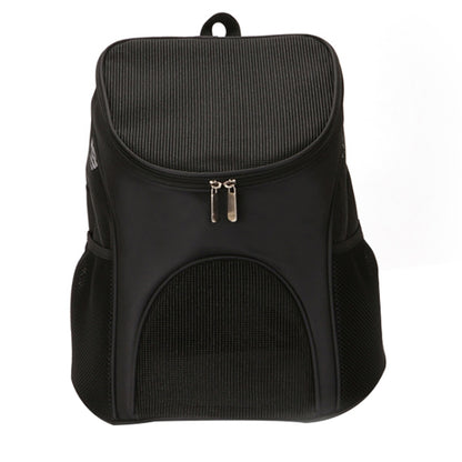 Black portable folding pet carrier backpack with rounded top, front mesh window, and zip closure