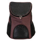 Coffee-brown pet carrier backpack with front mesh window, black sides, and zip closure