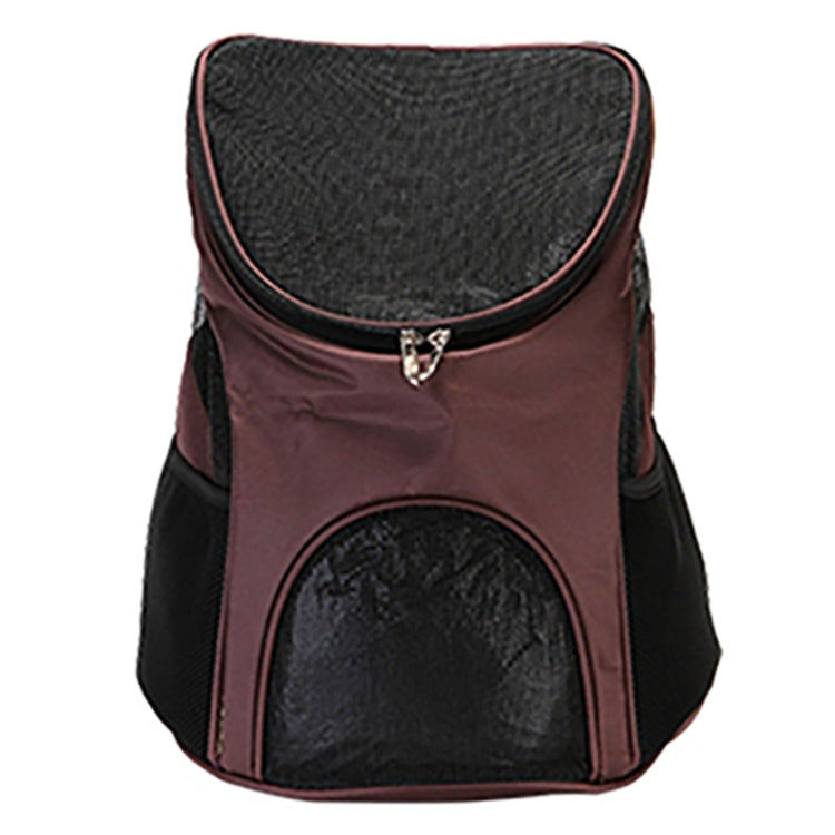 Coffee-brown pet carrier backpack with front mesh window, black sides, and zip closure