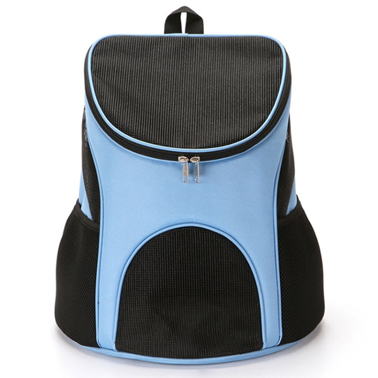 Blue pet carrier backpack with front mesh panel, top handle loop, and metal zip closure